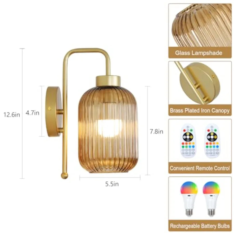 Gold Wireless Wall Sconces Battery Operated, Rechargeable Set-of-2 w/Remote and Bulb