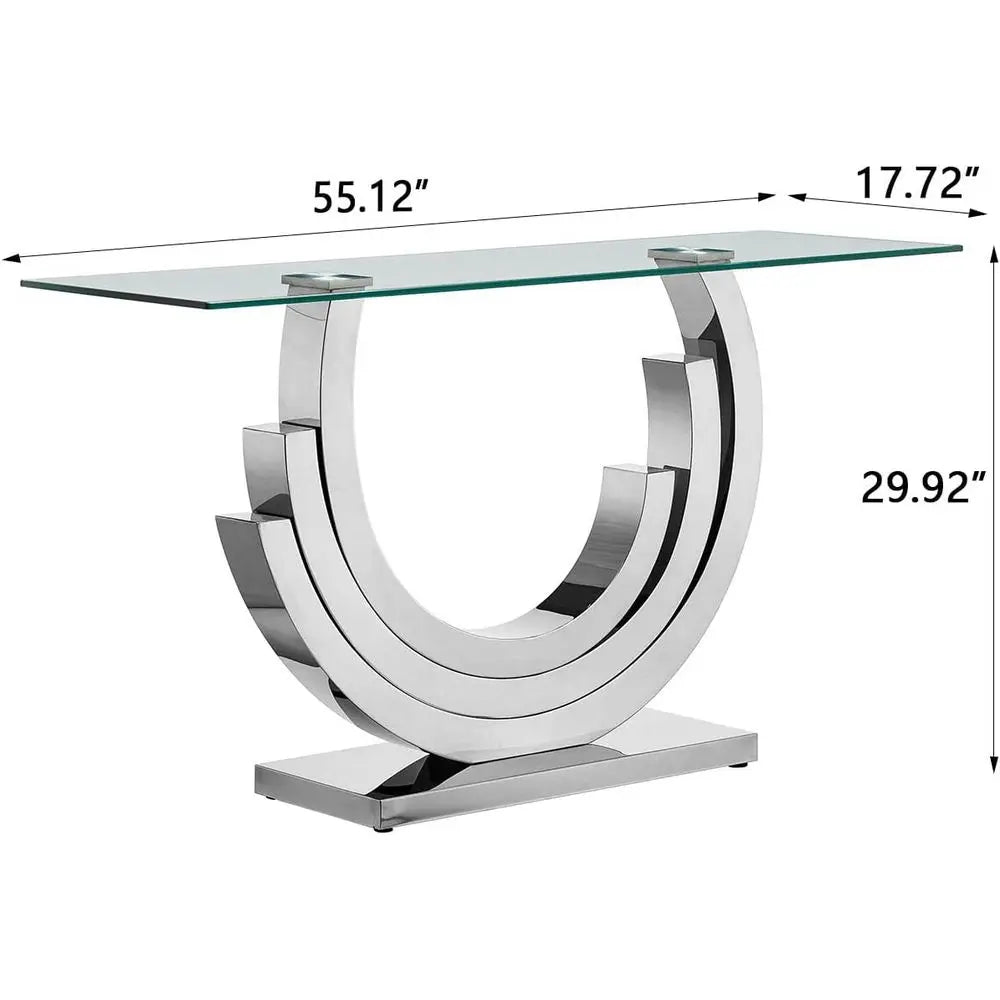 47IN Silver, Clear Glass Console Ring Mirrored Stainless Steel Base