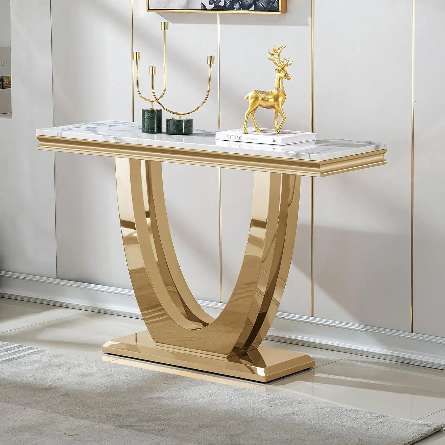 Luxury White Faux Marble End Table, Side Table U-Shape Gold Mirrored
