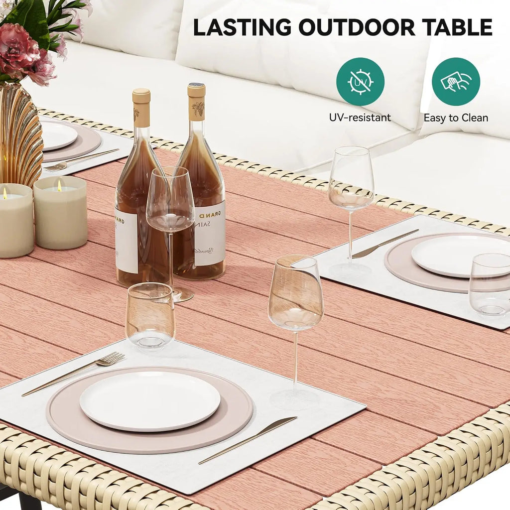 Rattan L-Shaped Patio Sofa Set, Soft Cushions, 2-Ottomans, Plastic Wood Dining Table