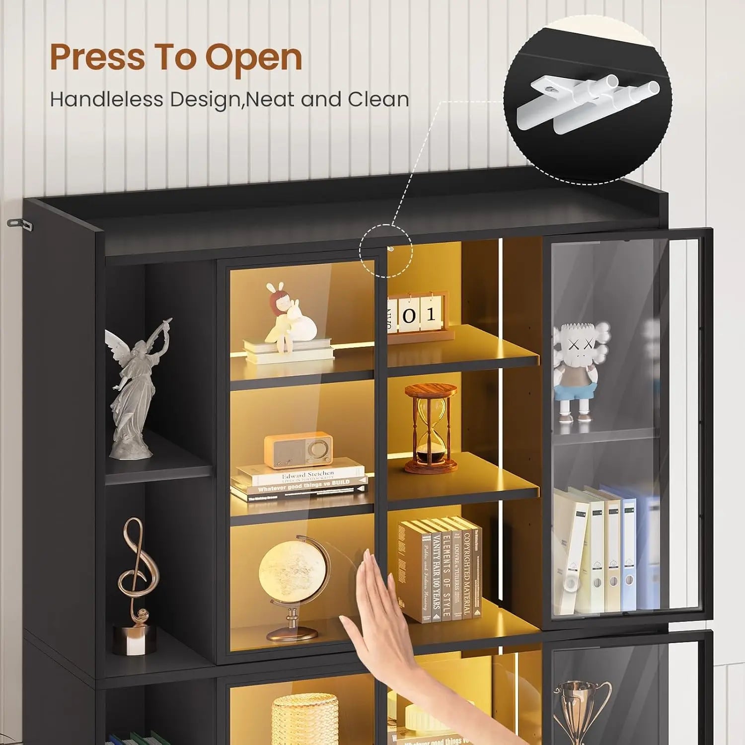 Cabinet Acrylic Glass Doors LED Lights, 70" Tall, Adjustable Shelves