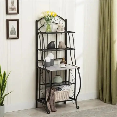 Elegant Black Metal Baker’s Rack Faux Marble Top, Five-Tier Storage