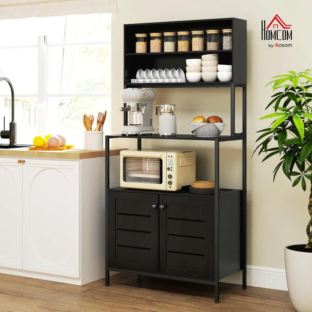 Baker's Rack w/Power Outlet, Cabinet with Storage Shelves, Louvred Door