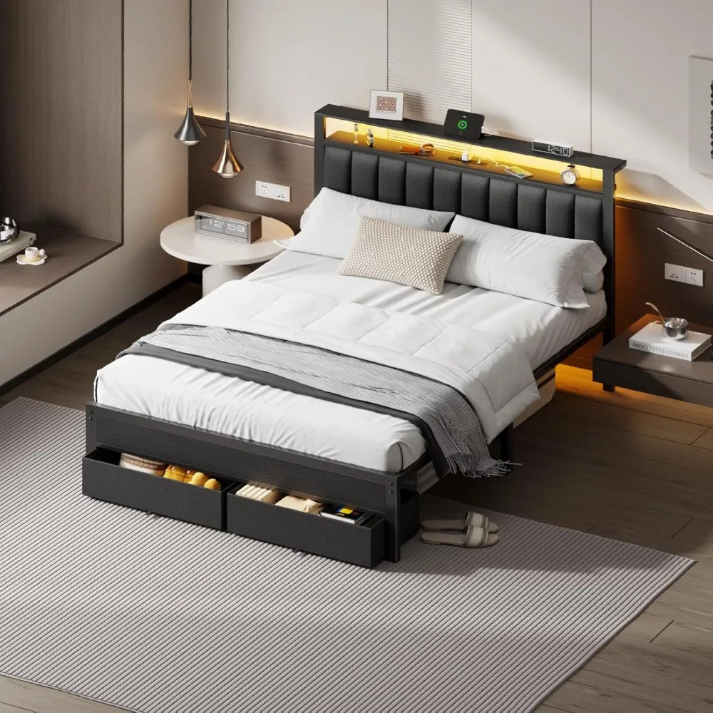 Bed Frame, Charging Station LED Lights, Grey Upholstered Headboard, Shelves,