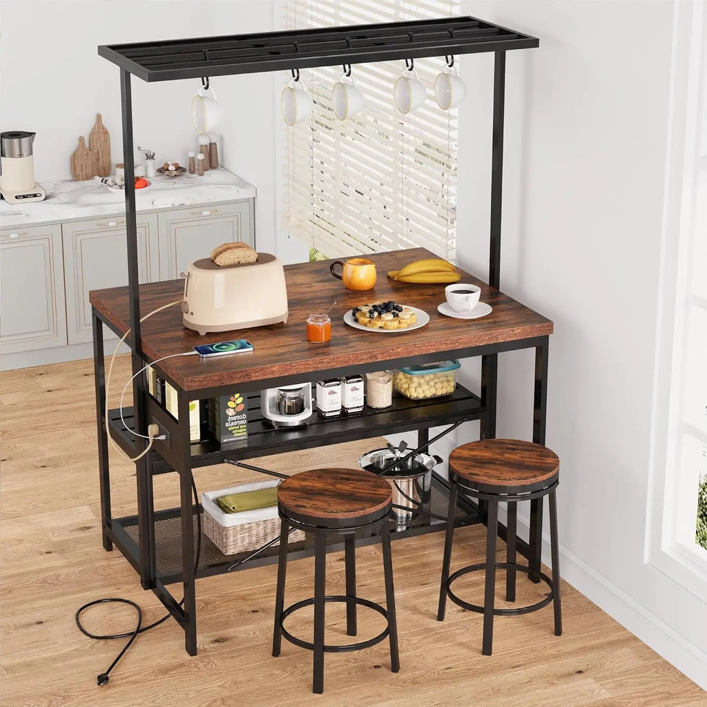 42" Island Storage Seating, 3-Tier Baker's Rack, Microwave Stand, Hooks 50lb Capacity
