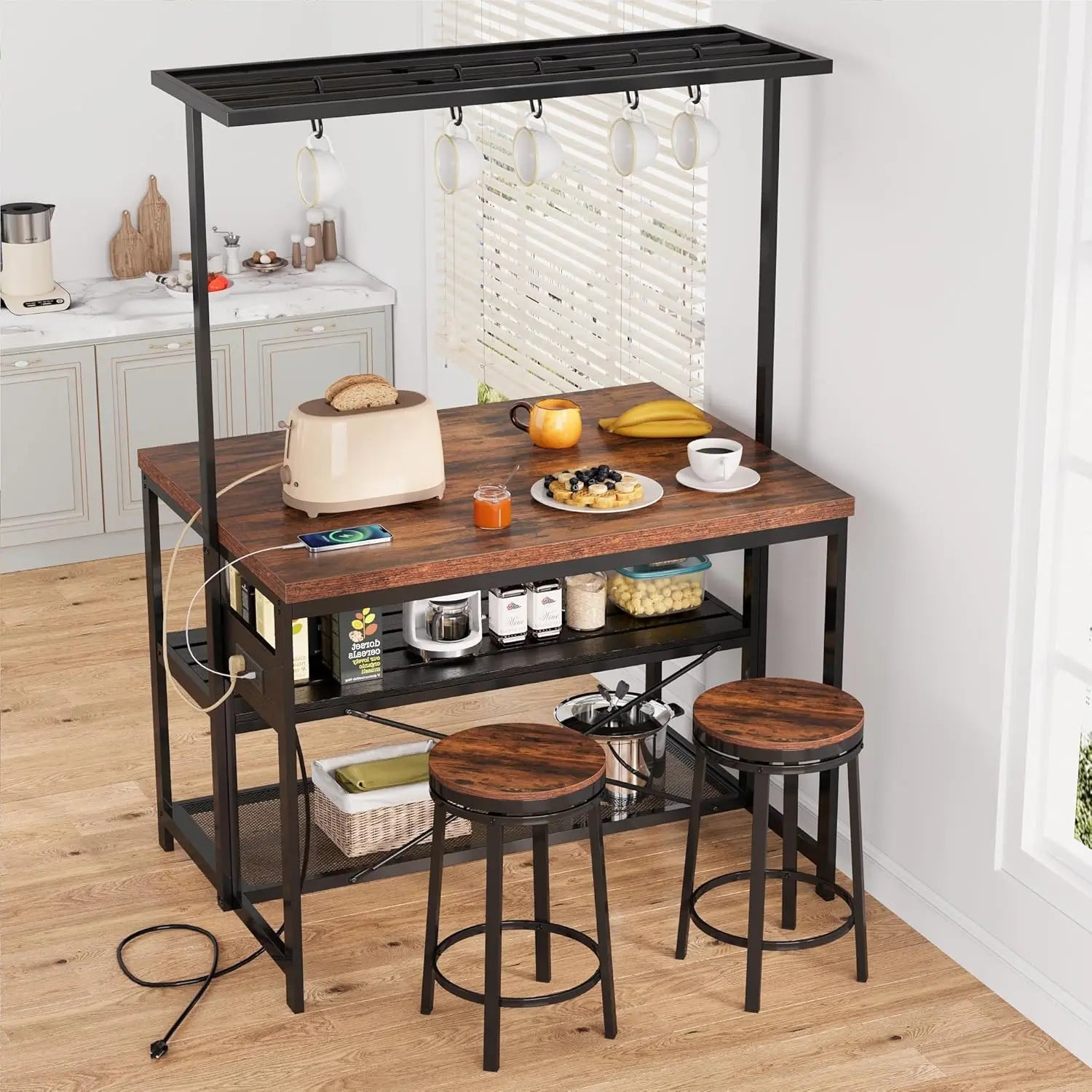 42" Island Storage Seating, 3-Tier Baker's Rack, Microwave Stand, Hooks 50lb Capacity