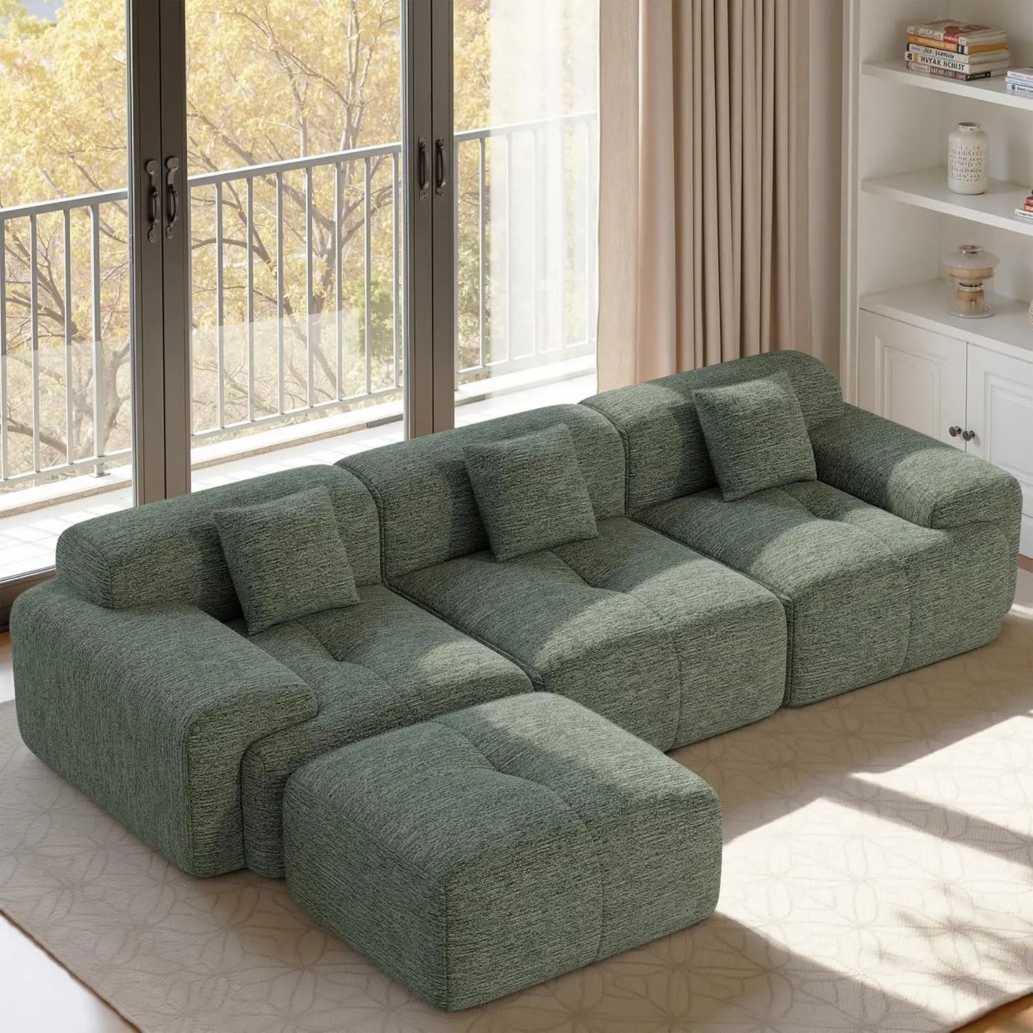 122" L Shaped Boneless Modular Cloud Couch Sectional, Ottoman, 4-Seat