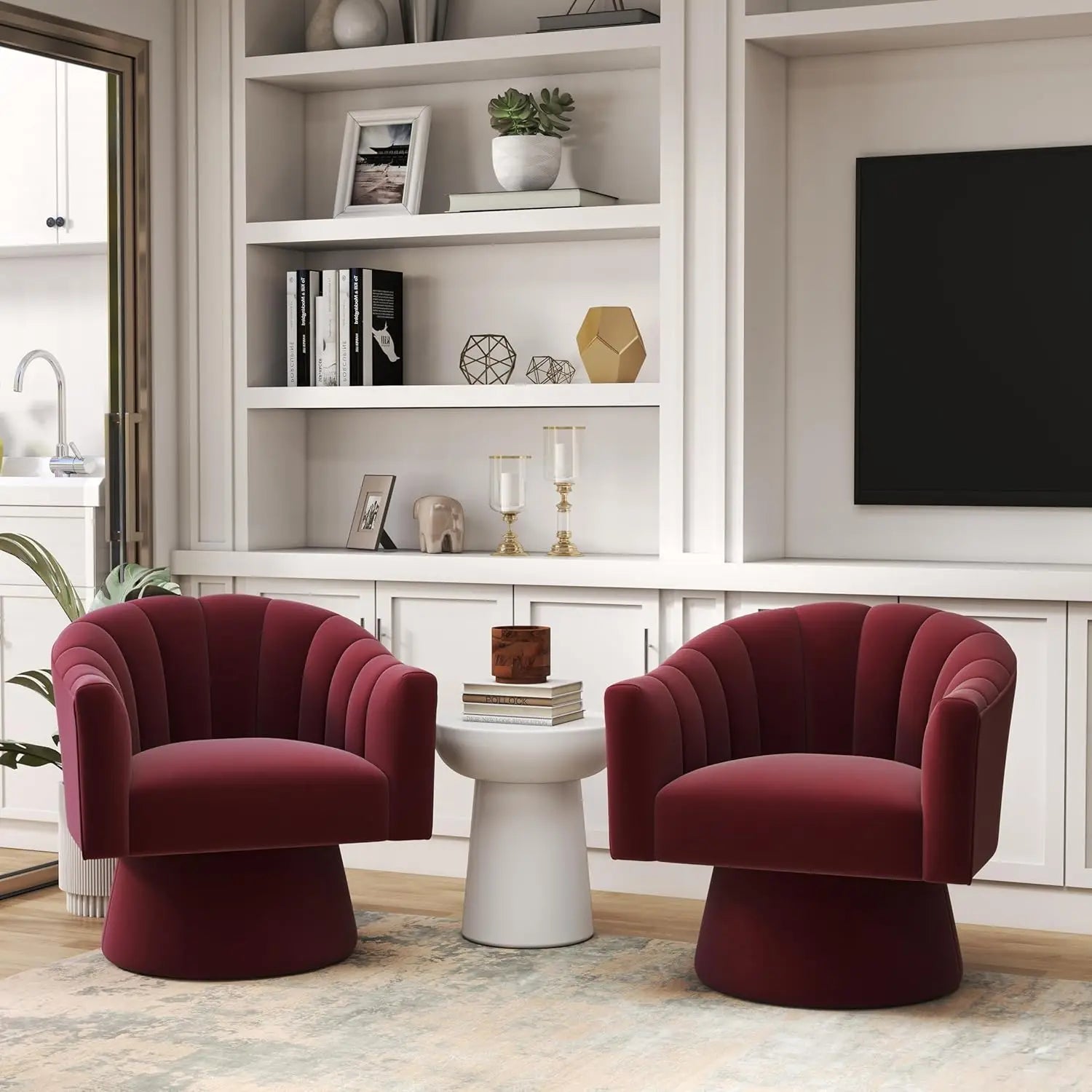 360° Swivel Velvet Upholstered Barrel Chair Set 2 Overstuffed Armchair