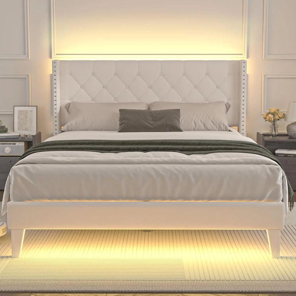 Full Size LED Bed Frame Velvet Upholstery, Tufted Headboard, Wooden Slats