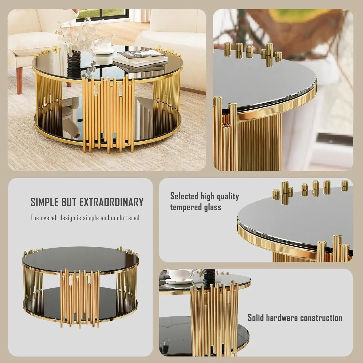 2-Tier Black, Brown or Clear Glass Coffee Table Gold Stainless Steel Base
