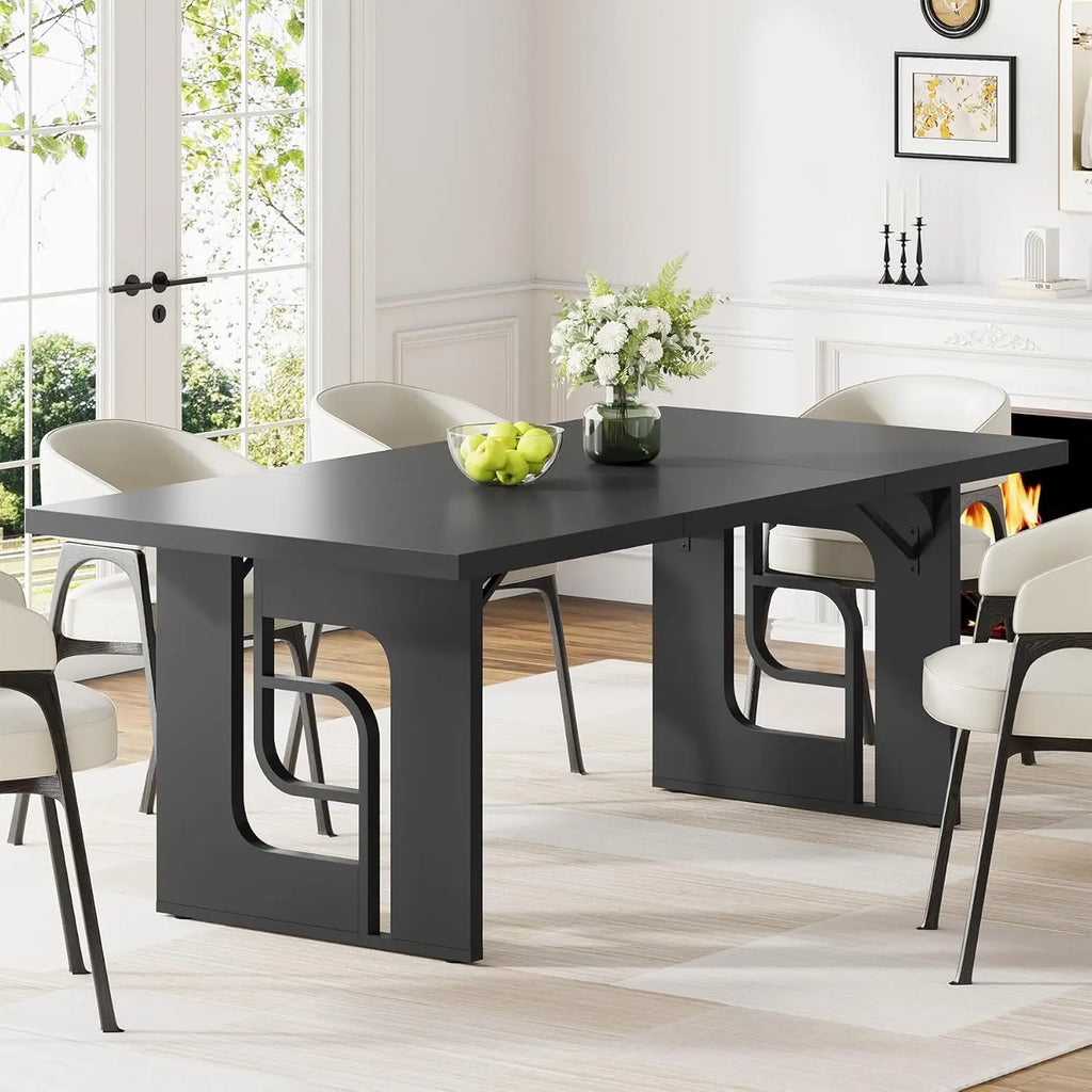 71'' Dining Table Seats 6-8, Metal Legs, Beige Gold, Black