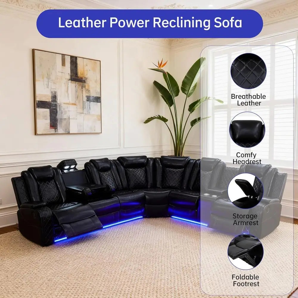 Leather Reclining Sectional Sofa LED Lights, Cup Holders, Storage