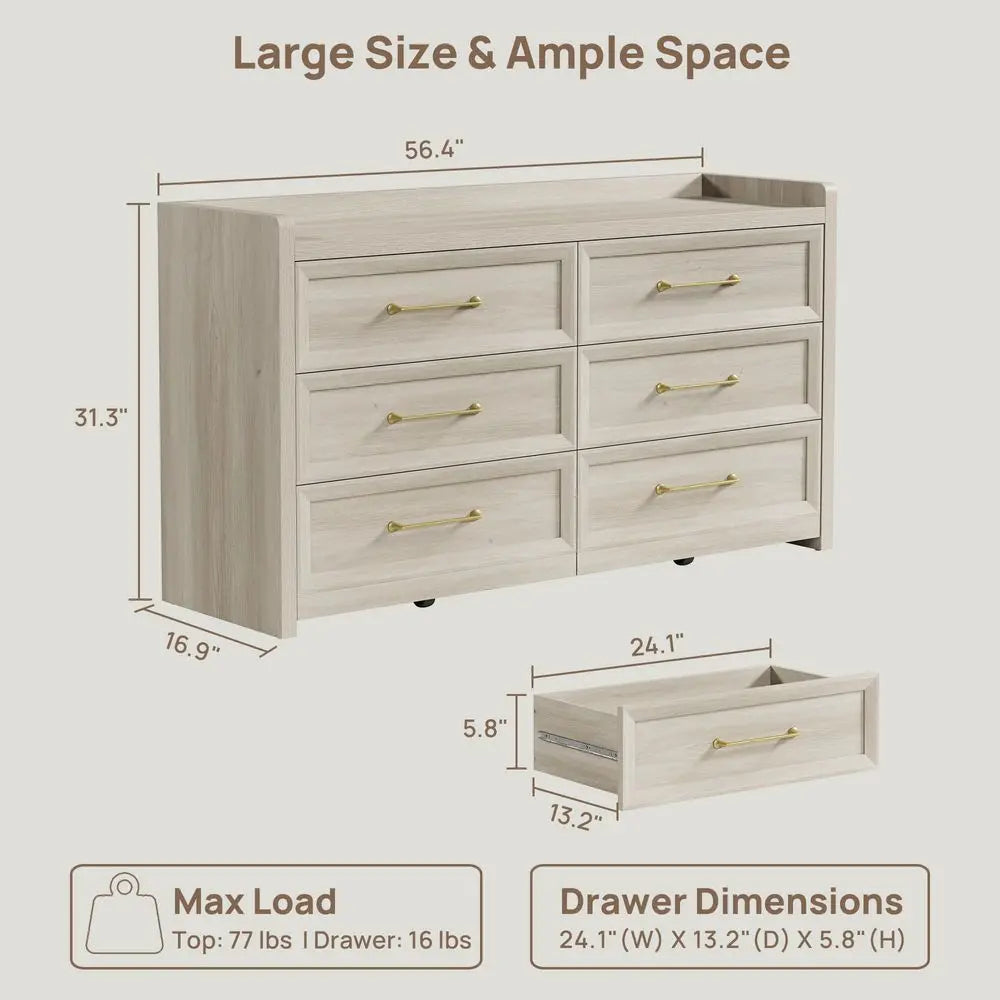 6-Drawer Dresser, 56.4IN Extra Wide Wooden Chest of Drawers