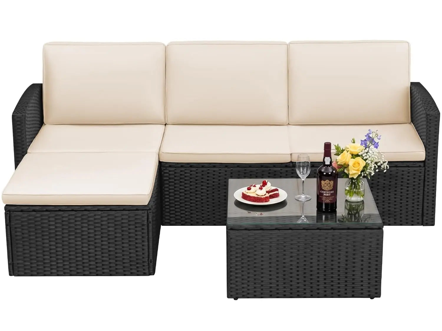Small Sectional 3-Piece Wicker Patio Furniture Set, Tufted Pillow PE Rattan
