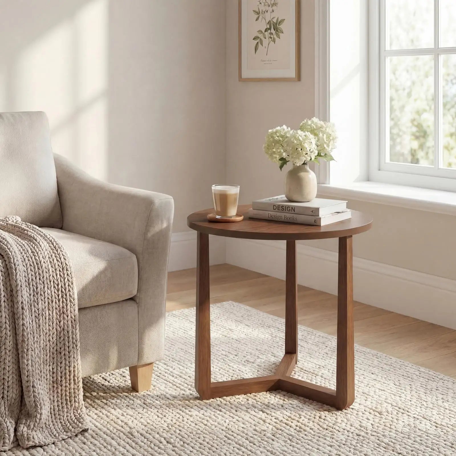 Round Side Table w/ Sturdy Rubber Wood Legs & Triangular Structure
