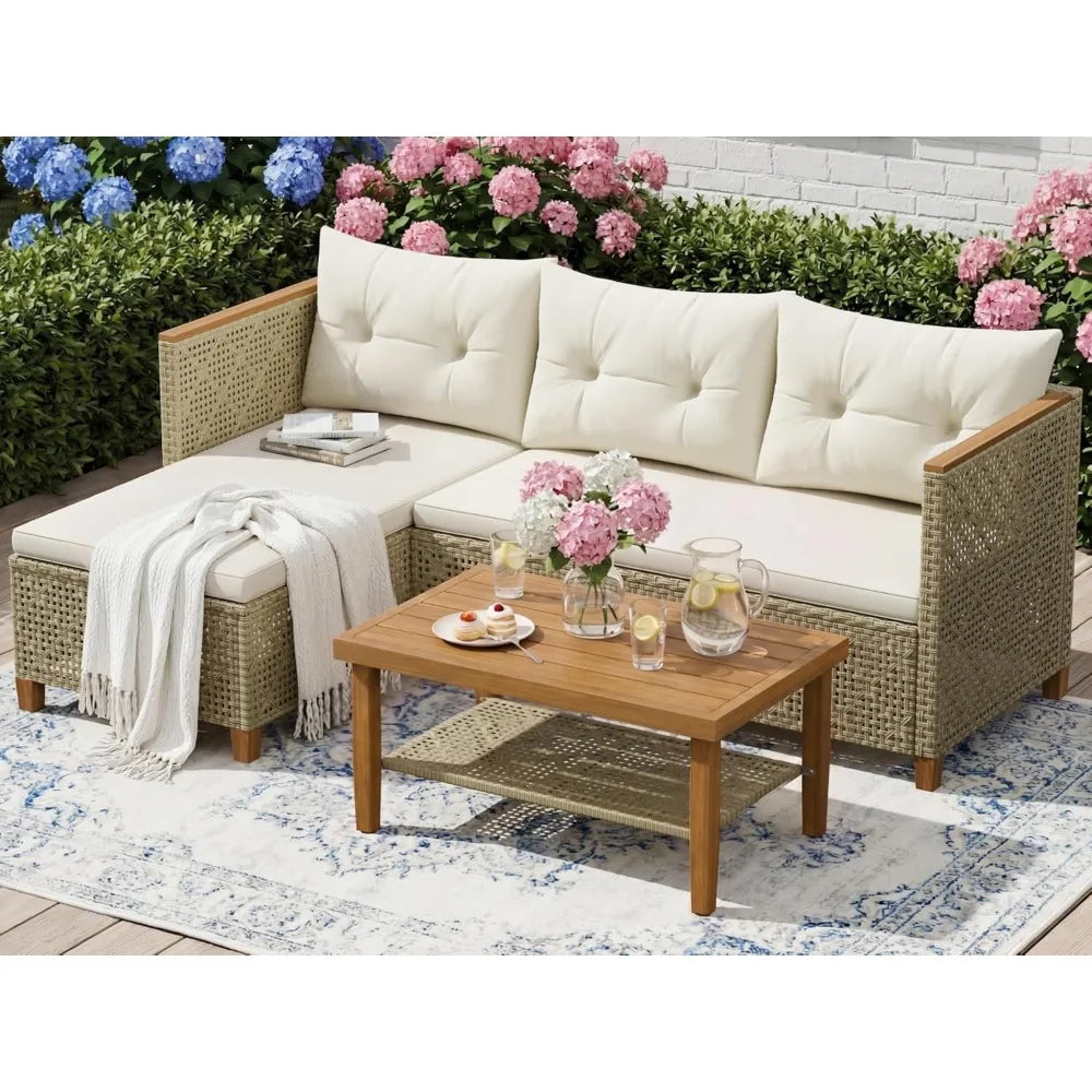 Small Sectional 3-Piece Wicker Patio Furniture Set, Tufted Pillow PE Rattan
