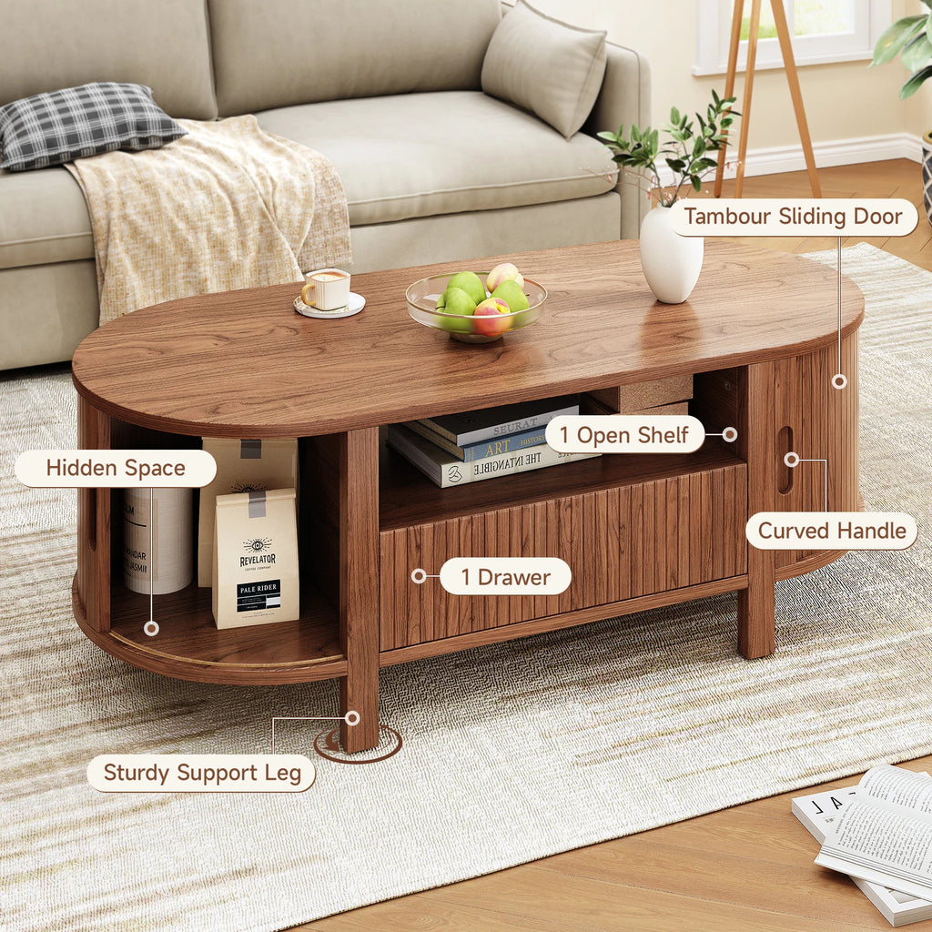 Oval Coffee Table, 47 Inch Fluted with Cabinets & Sliding Doors, Storage