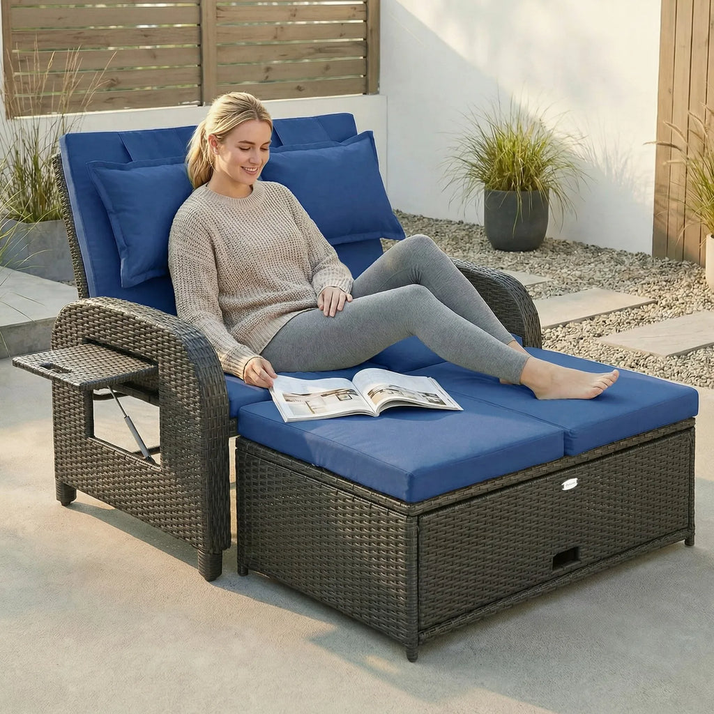 Outdoor Patio Rattan Daybed w/Storage Ottoman, Navy Blue