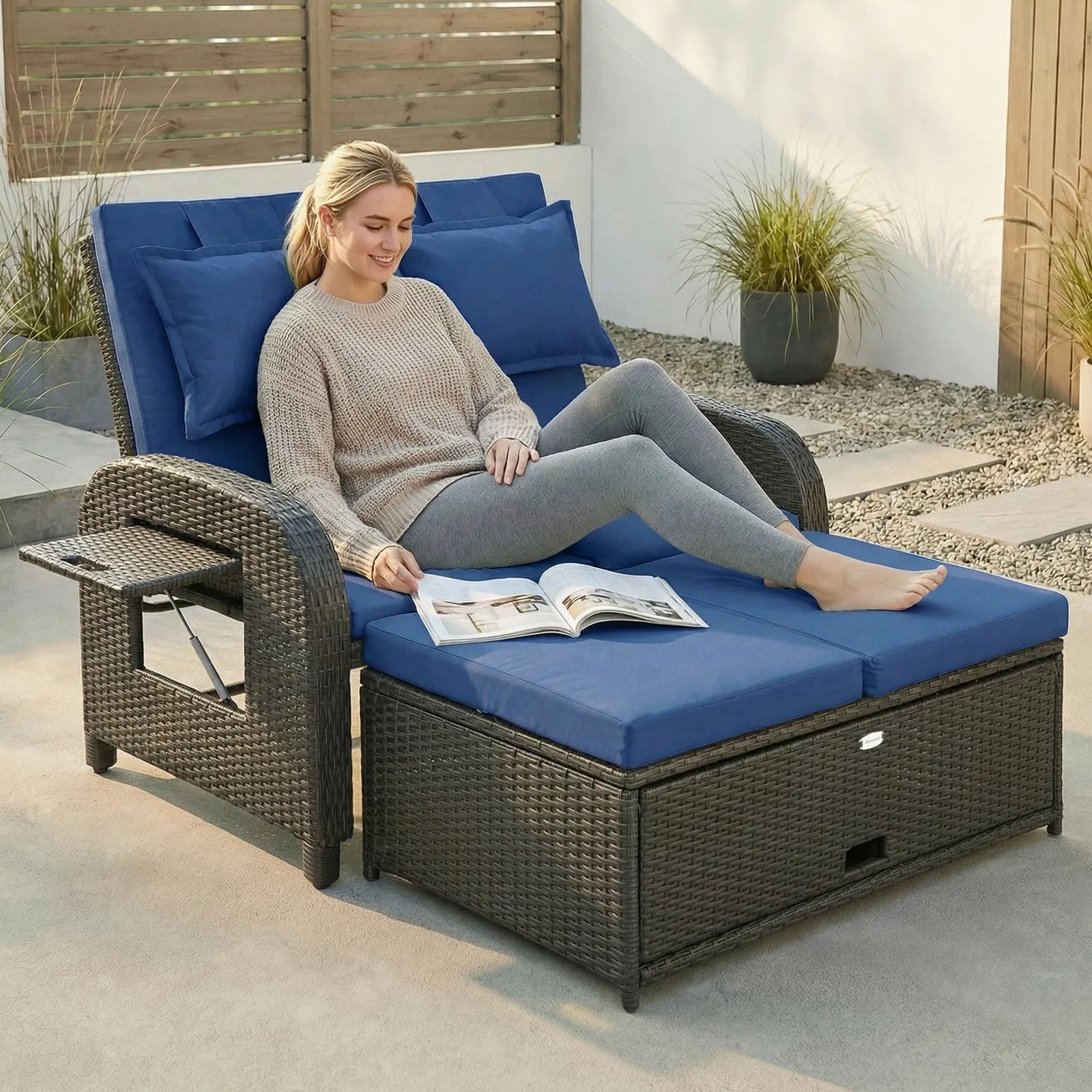 Outdoor Patio Rattan Daybed w/Storage Ottoman, Navy Blue