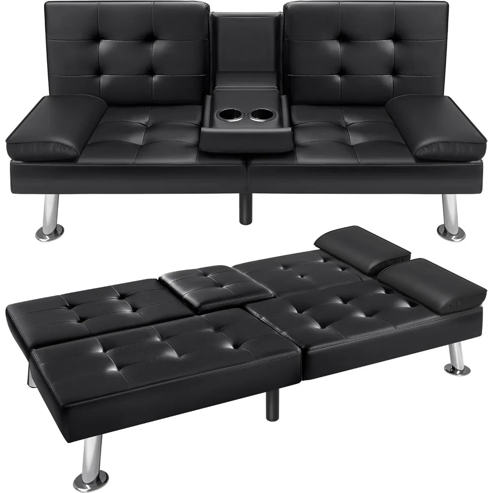 Futon Sofa Faux Leather Couch, Bed Recliner 2 Cup Holders