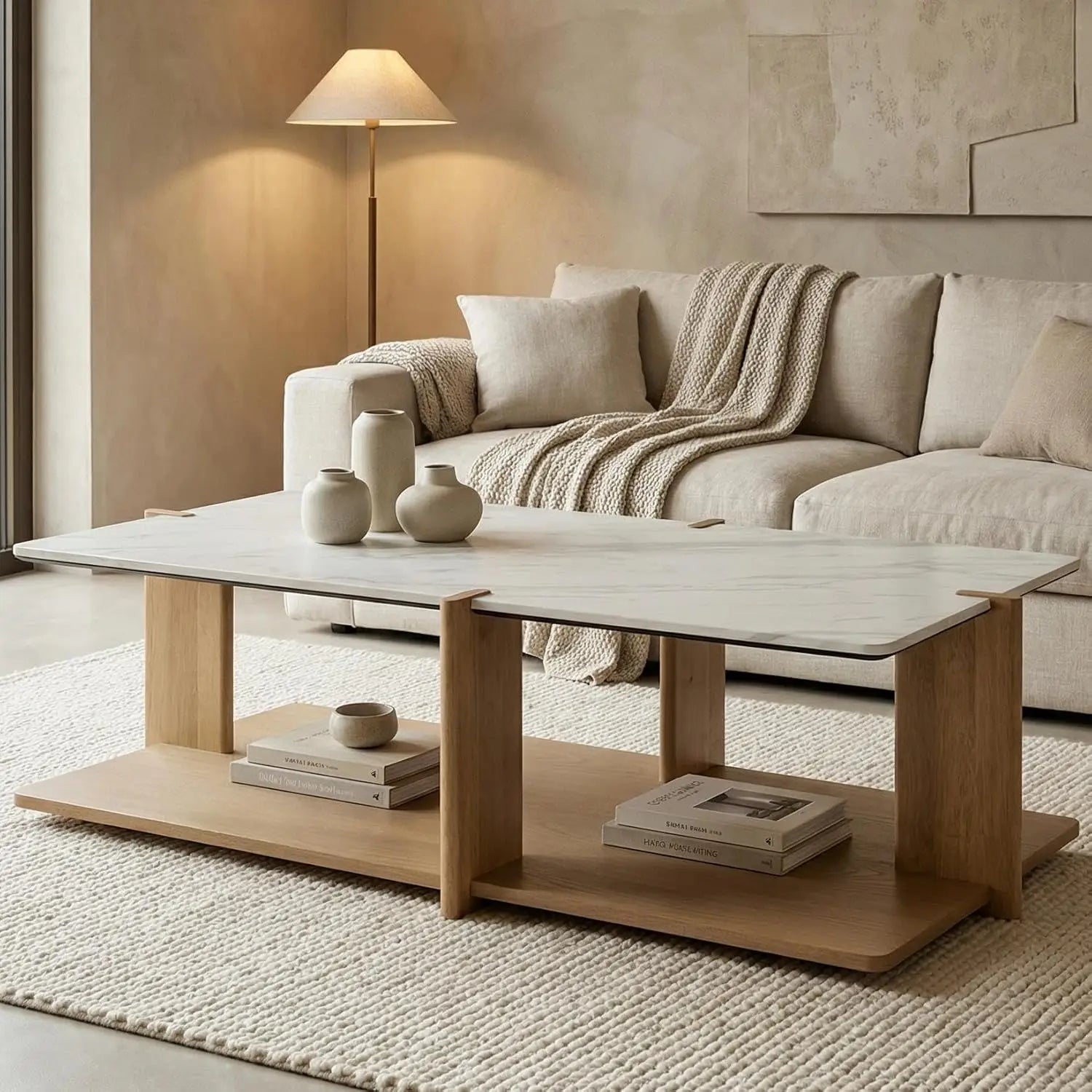 50" Open Frame Wood Display Coffee Table, Marble Top, Walnut.