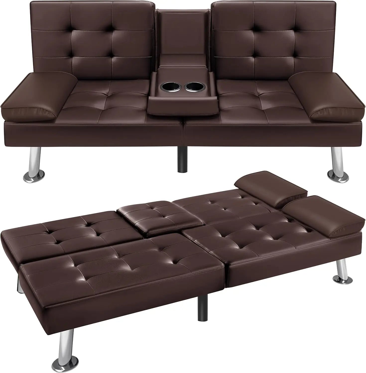 Futon Sofa Faux Leather Couch, Bed Recliner 2 Cup Holders