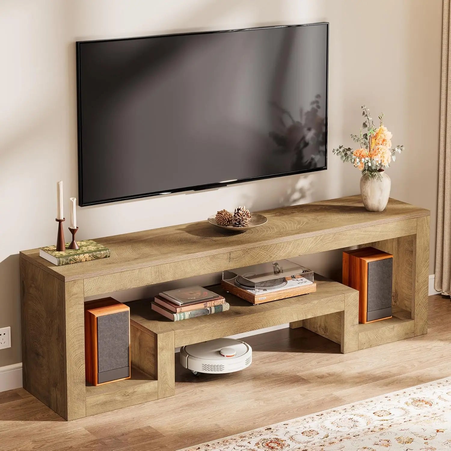 63IN Wood TV Stand Entertainment Center Open Storage Shelves