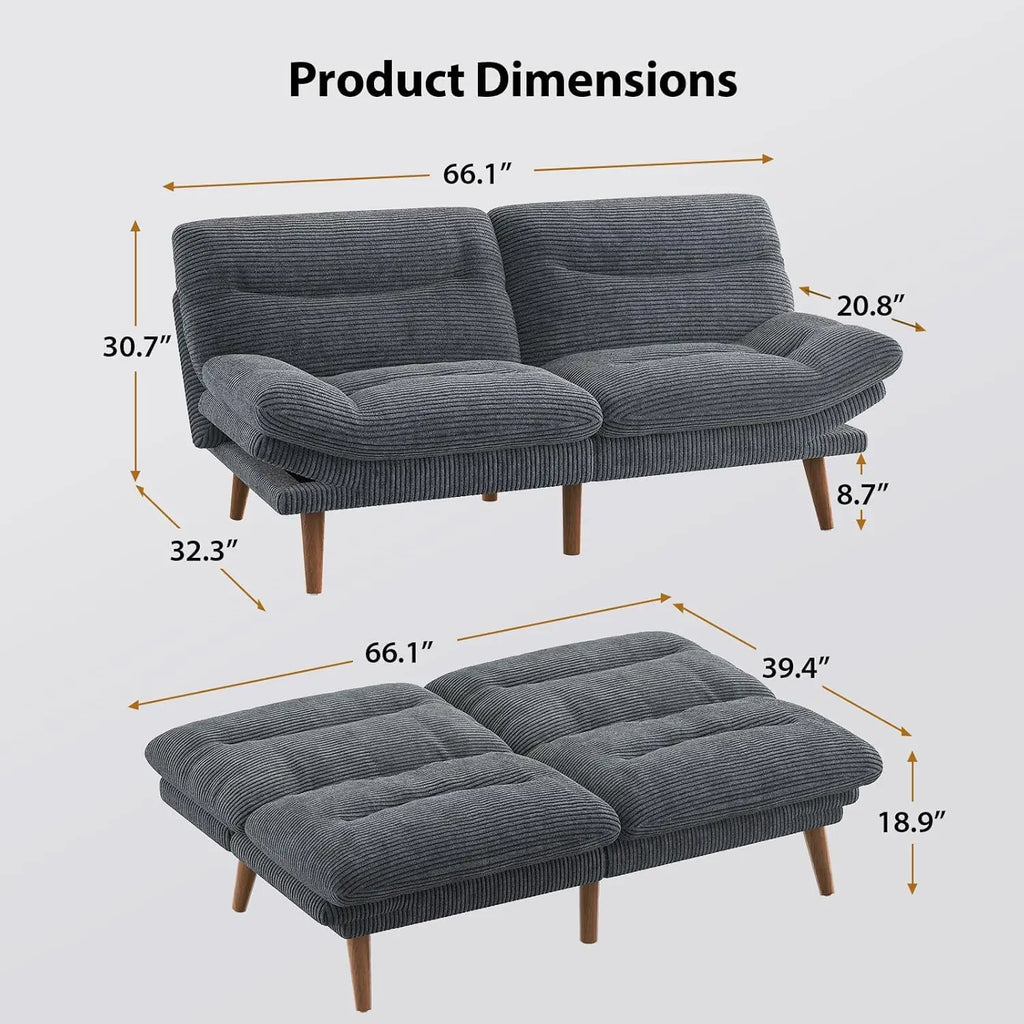 Futon Sofa Recliner Sleeper Bed, 66Inch Corduroy w/Adjustable Backrest and Armrest