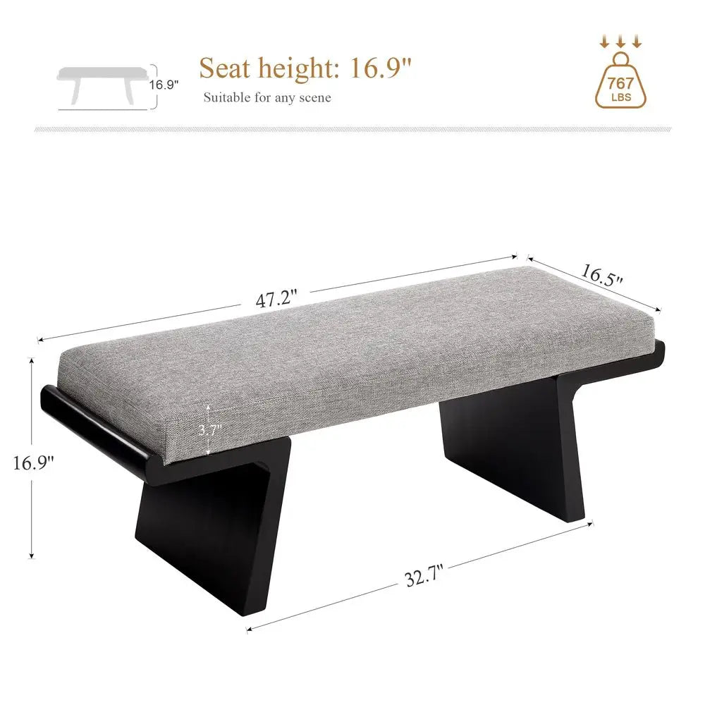 Bed Bench, Upholstered, Solid Wood Legs, Floating Design, Linen Fabric