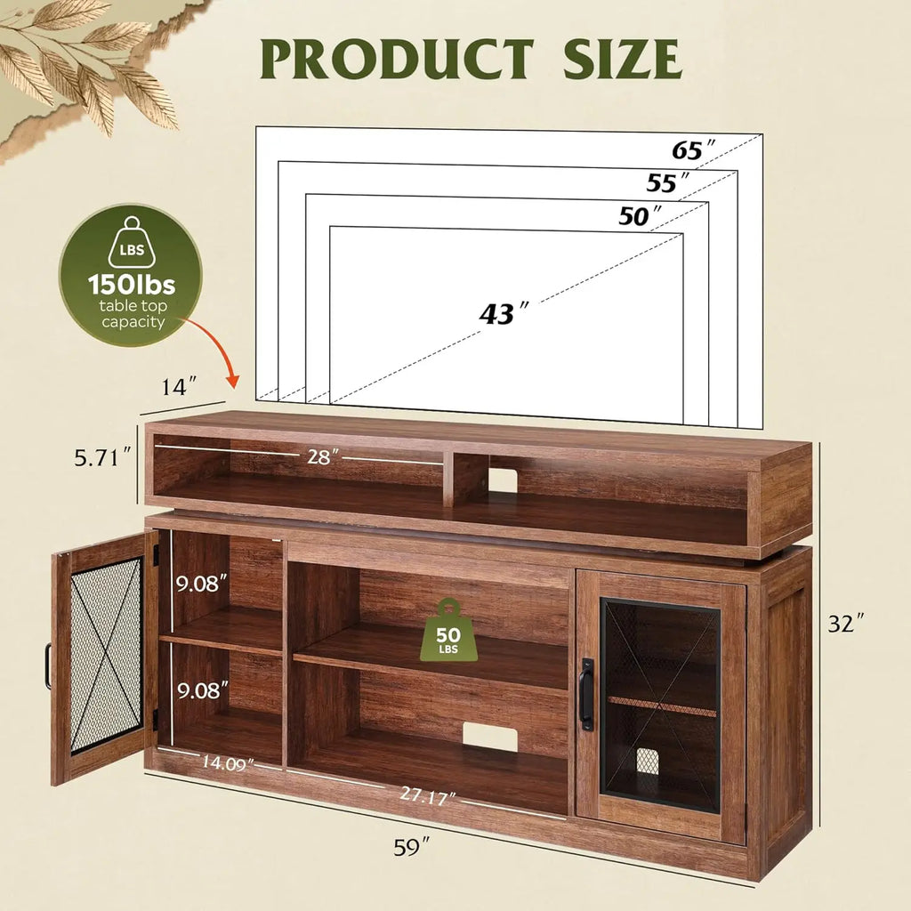 Farmhouse Entertainment Center for TV's Up to 65in, Cabinets, LED Lights