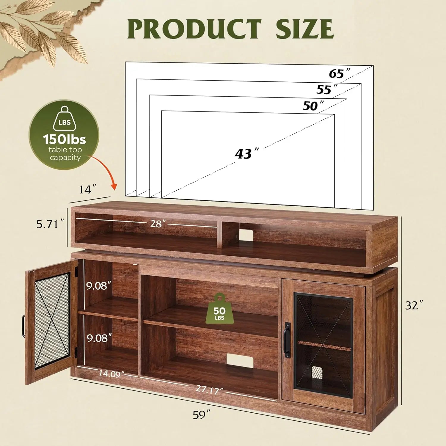 Farmhouse Entertainment Center for TV's Up to 65in, Cabinets, LED Lights