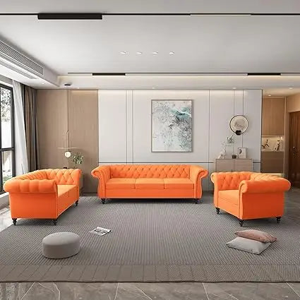 3-Piece Set, Velvet Chesterfield Sofa, Loveseat, Chair with Scroll Arms