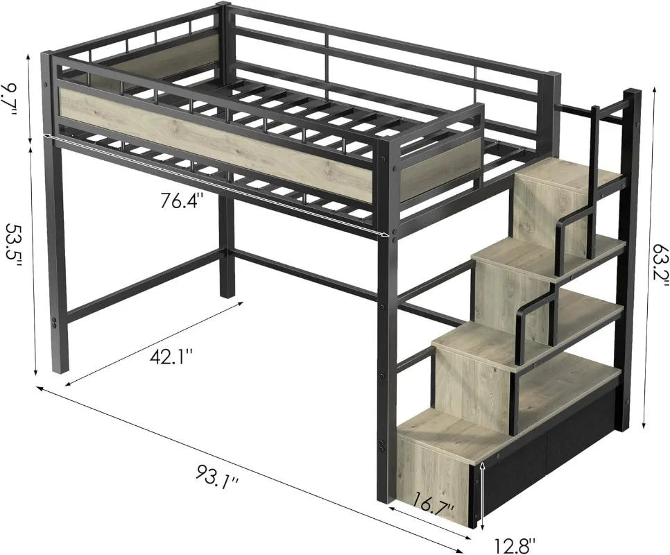 Twin Size Loft Bed w/Stairs, 53.5” Under-Space for Sofa and Desk