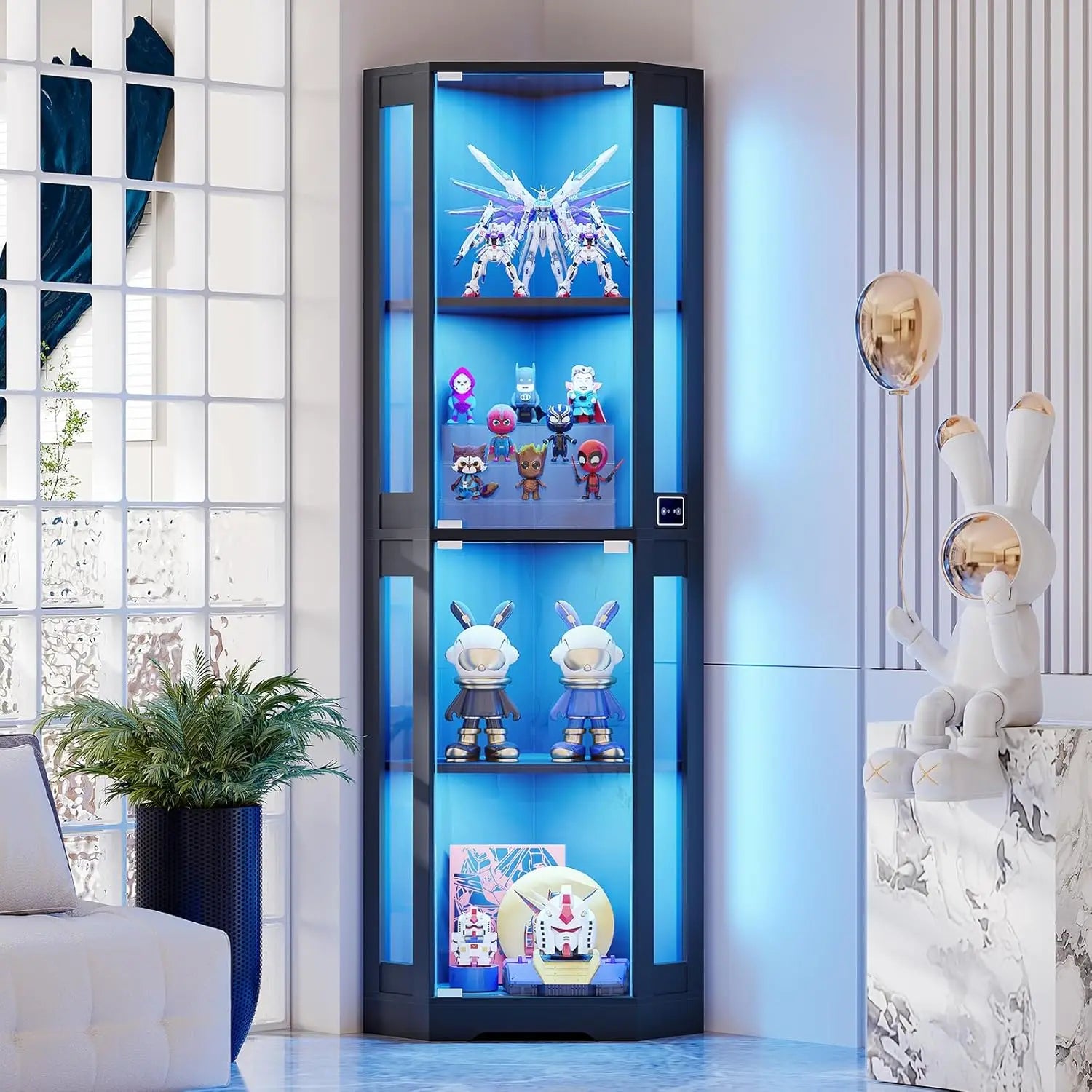 65" Corner Glass Display, LED Lights, 4-Tier, Glass Doors & Human Body Sensor