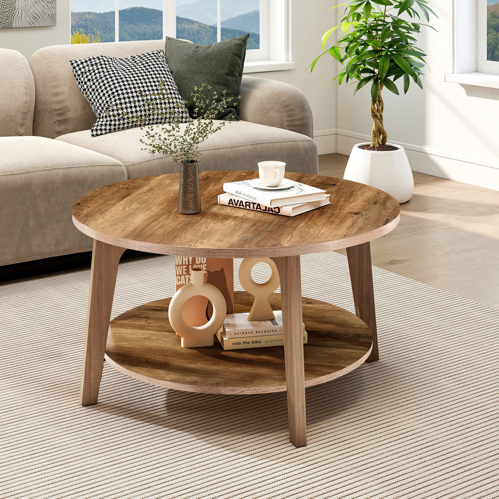 JHK 32IN Wood Round 2-Tier Coffee Table Storage 50 lbs