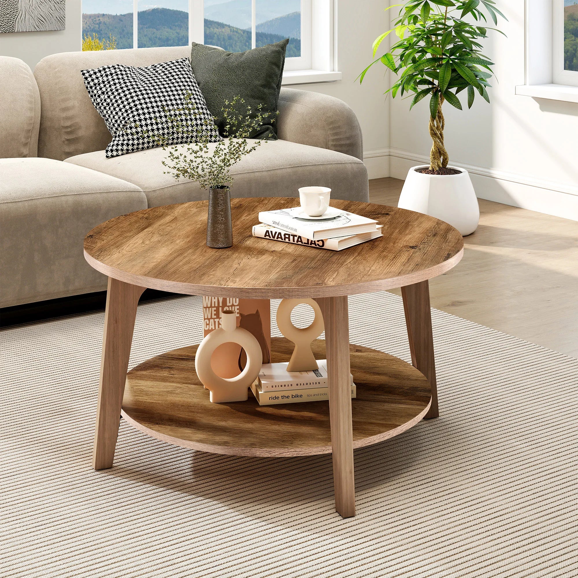 JHK 32IN Wood Round 2-Tier Coffee Table Storage 50 lbs