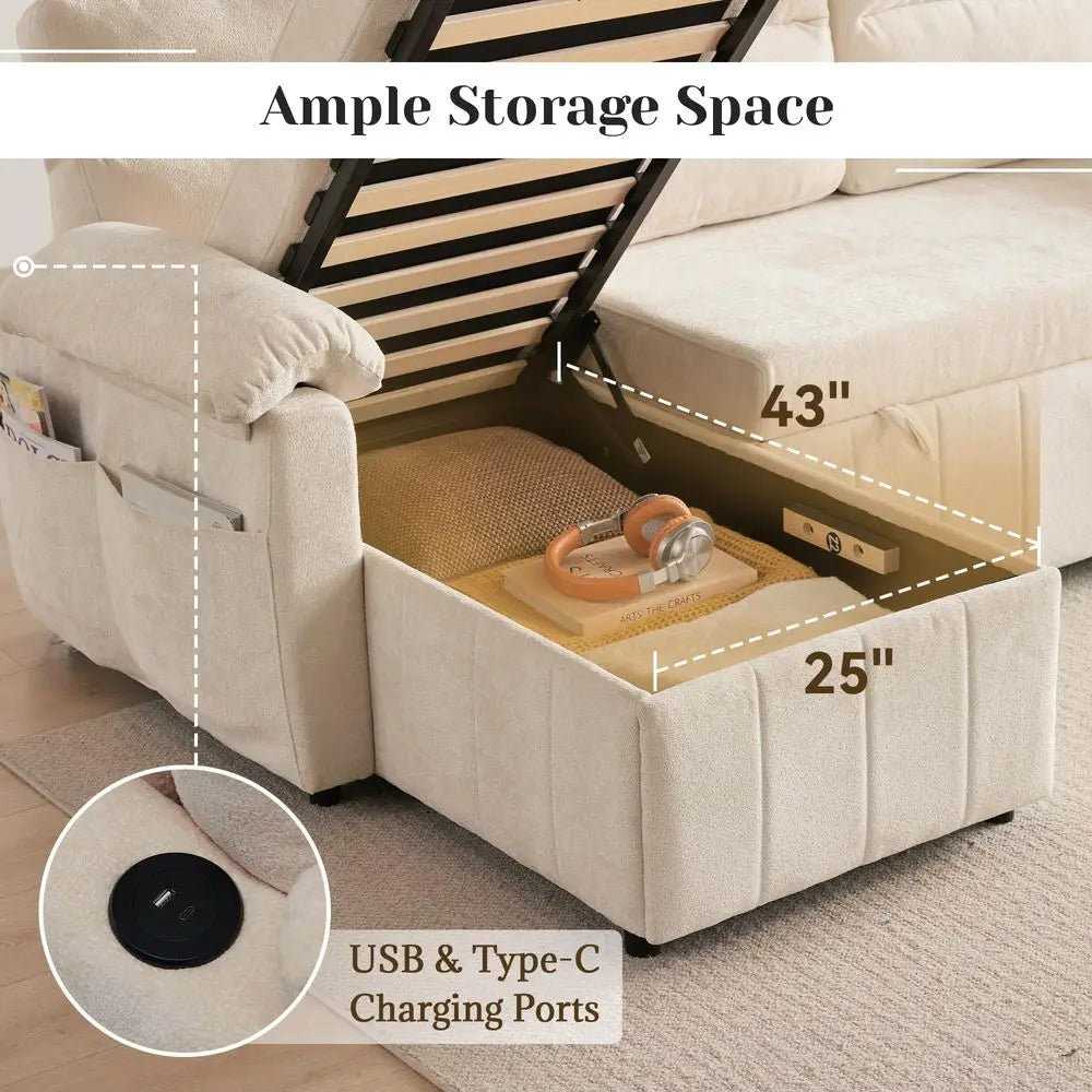 86IN Sectional Sleeper Sofa, Storage Chaise, Chenille Couch USB Ports