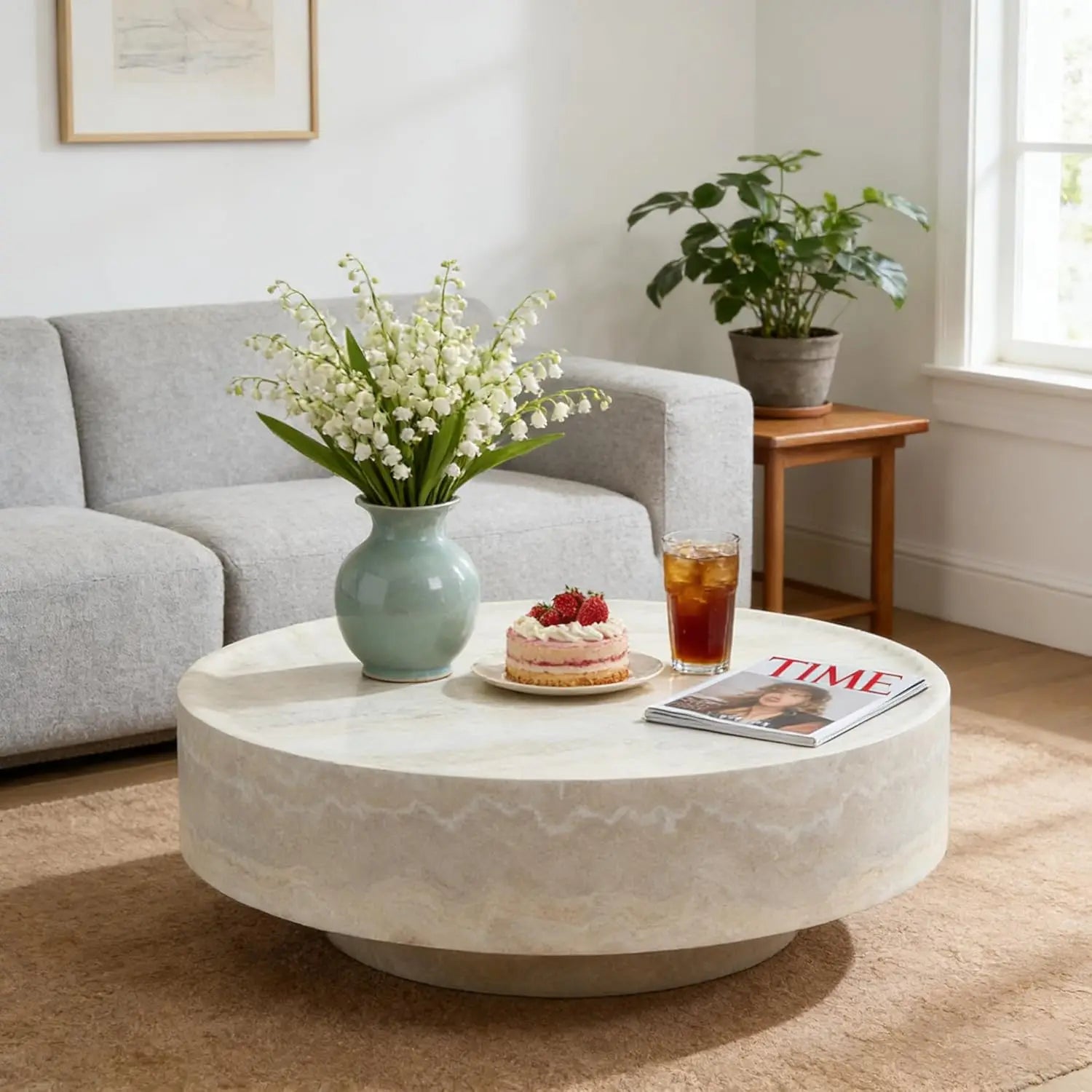 Luxury Faux Marble Round Coffee Table, 35.43IN, Drum Stone Center