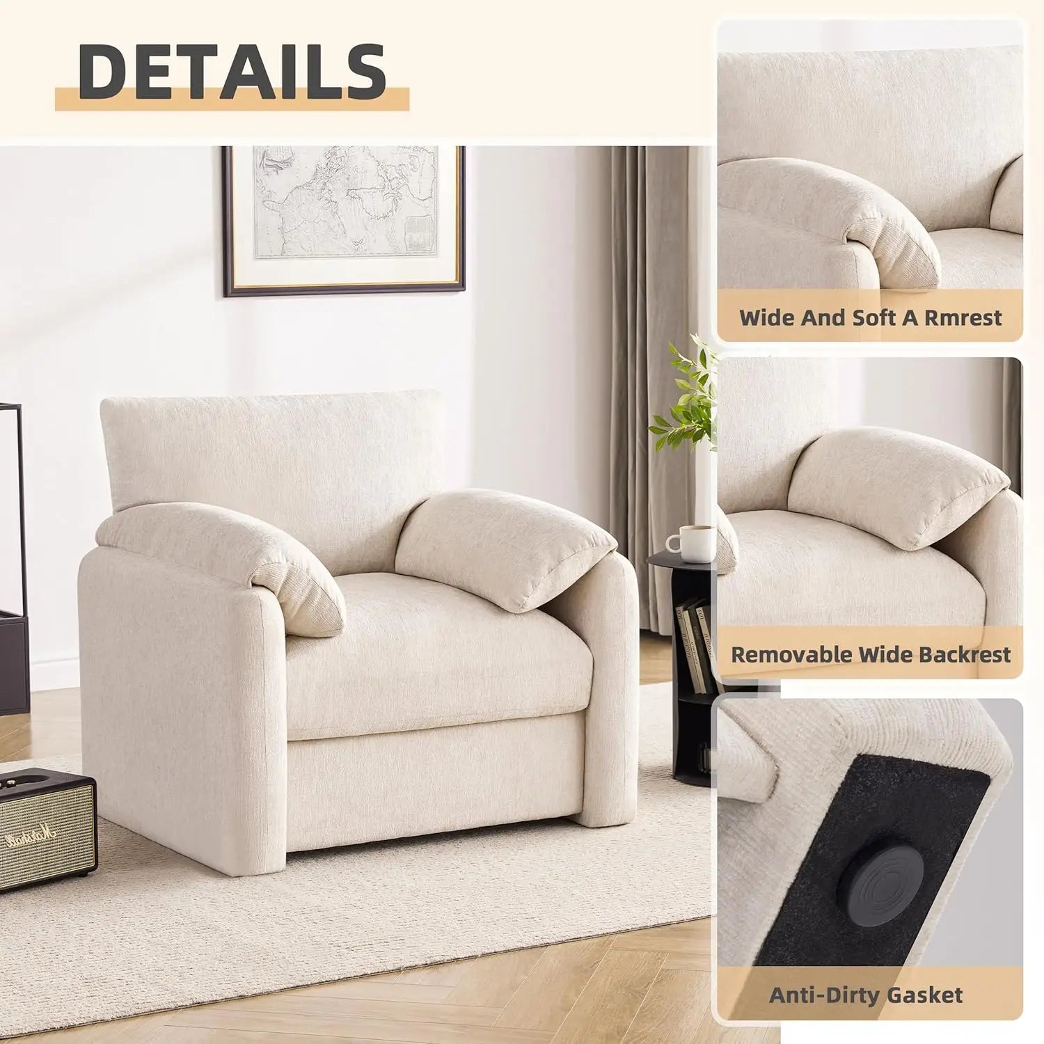 Chenille Oversized Armchair, 38.6" Wide Modern Lounge Chair