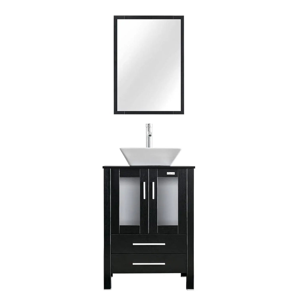 24" Vanity Blue Glass Vessel 2 Drawers Cabinet Soft Closing