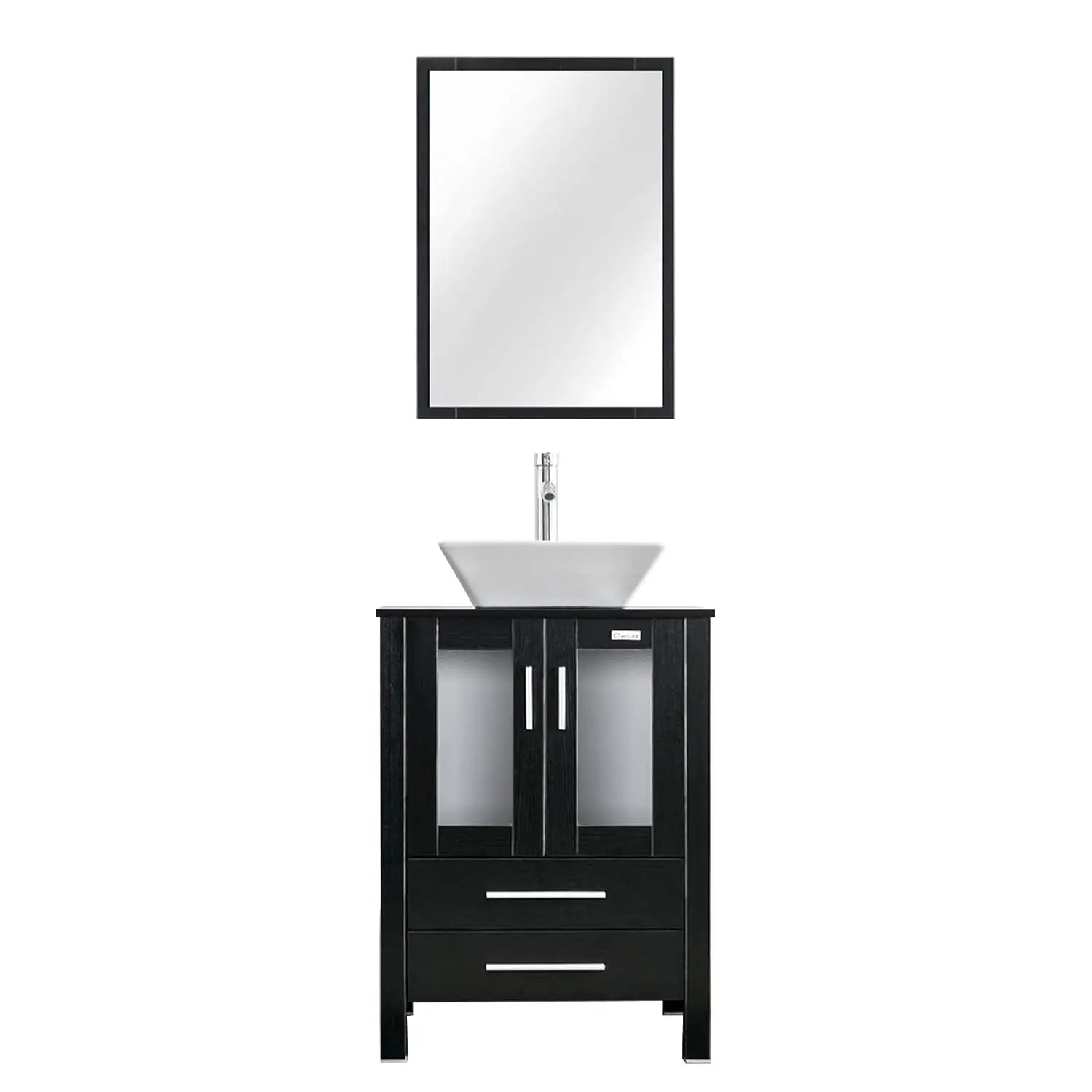 24" Vanity Blue Glass Vessel 2 Drawers Cabinet Soft Closing