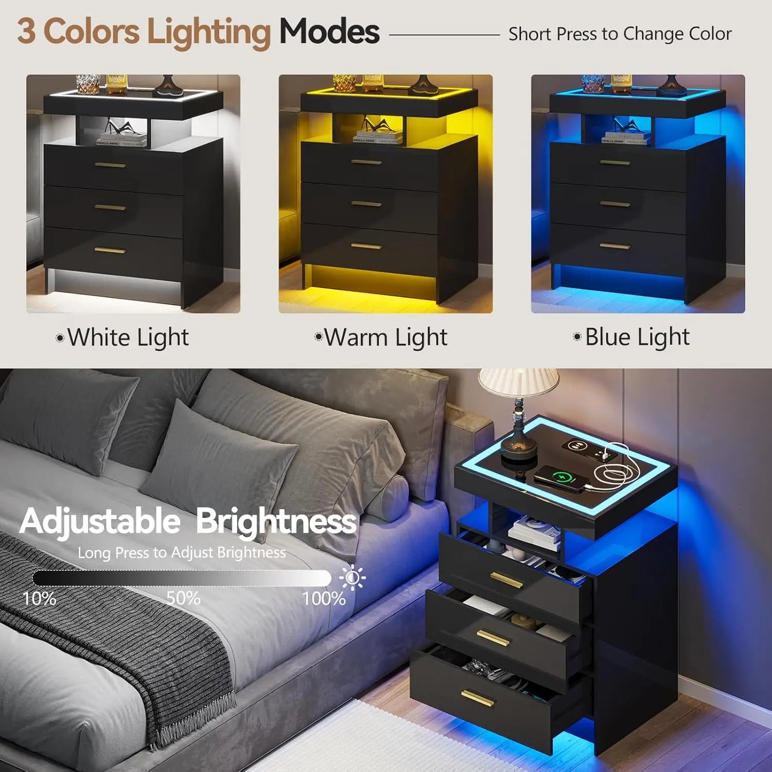 End Tables, Set-2 or Single, Charging Station 3 Drawers Glass Top