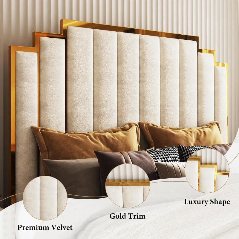 Velvet Bed Frame w/65.4” Tall Gold Trim Headboard, No Box Spring Needed