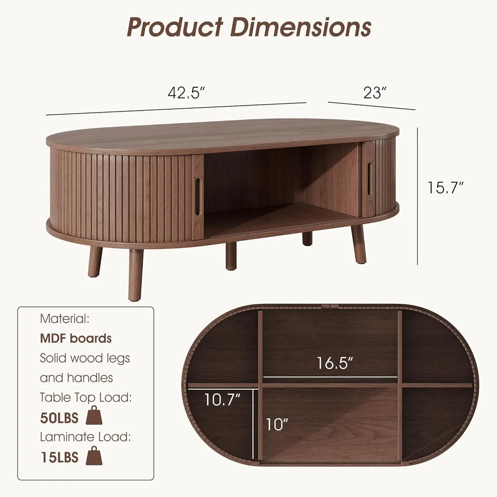 Oval Coffee Table Tambour Door Fluted Hidden Storage Walnut