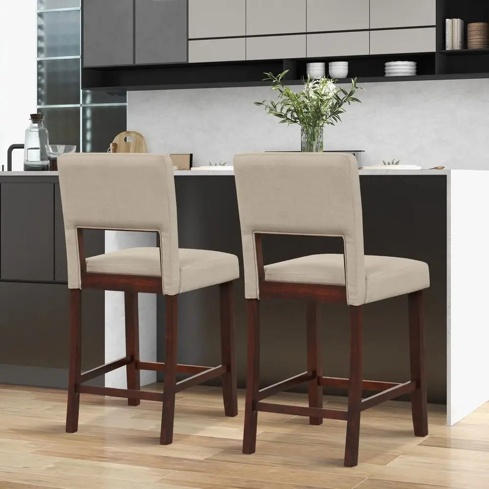 2 - Linen 24.5IN Counter Height Chairs, Hollowed Backs, Rubber Wood Legs