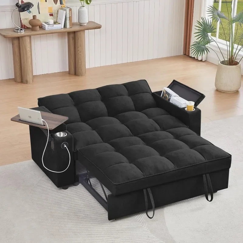 65'' 3-in-1 Folding, Pullout, Convertible Sofa Bed, 360° Swivel Side Table