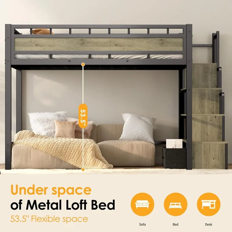 Twin Size Loft Bed w/Stairs, 53.5” Under-Space for Sofa and Desk