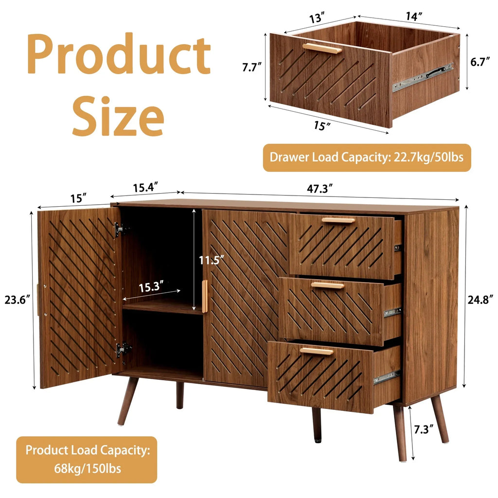 Buffet Sideboard Cabinet, Coffee Bar, Storage, 2-Doors, 3-Drawers, 3-Level Adjustable Shelves