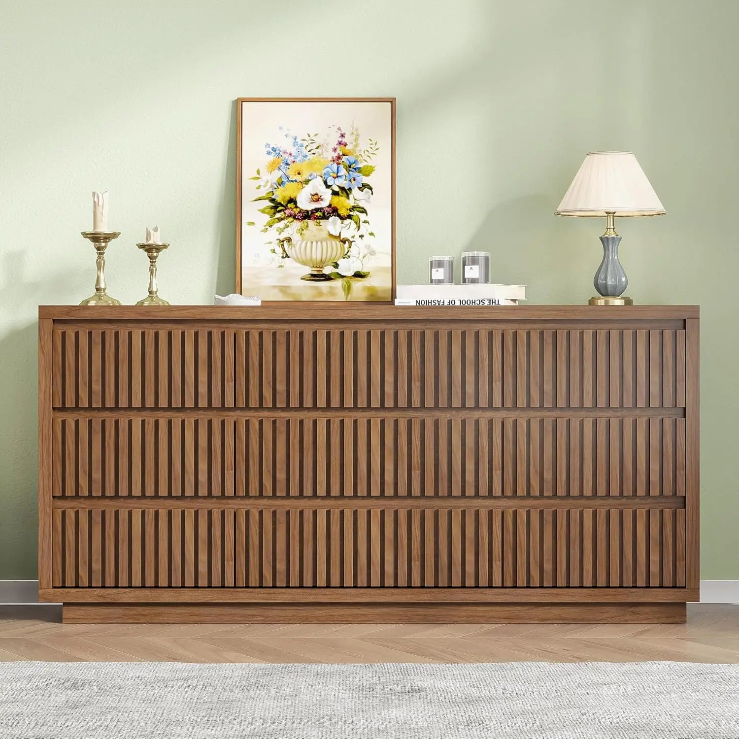 Fluted 9-Drawer Dresser, 58" Wide Vintage Chest of Drawers