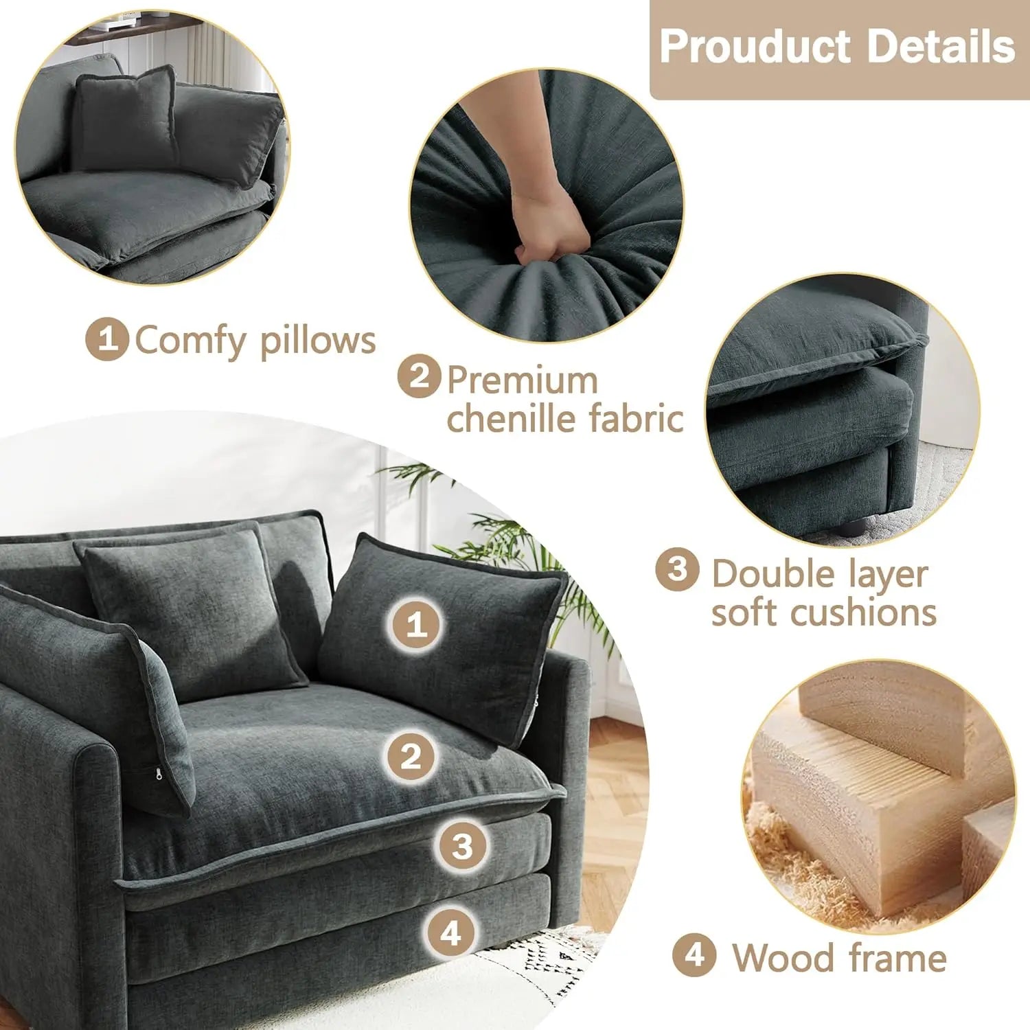 41.4" Sofa Cloud Couch, 1-Seat Chenille Deep Seat Pillow